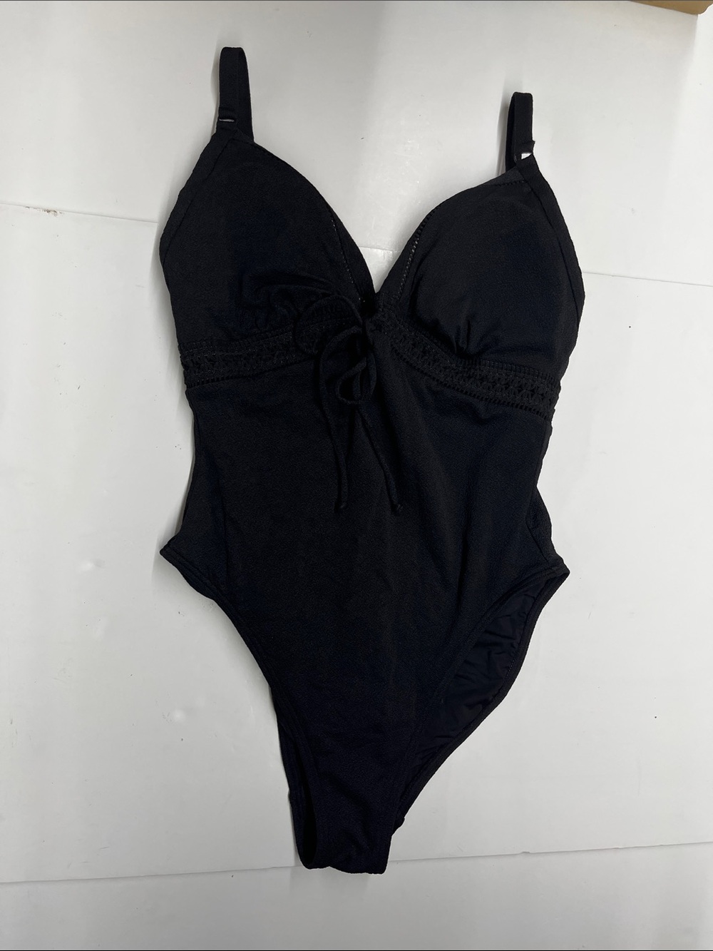 NEW Robin Piccone Black One-Piece Swimsuit with Lace Trim and Front Tie Size 10